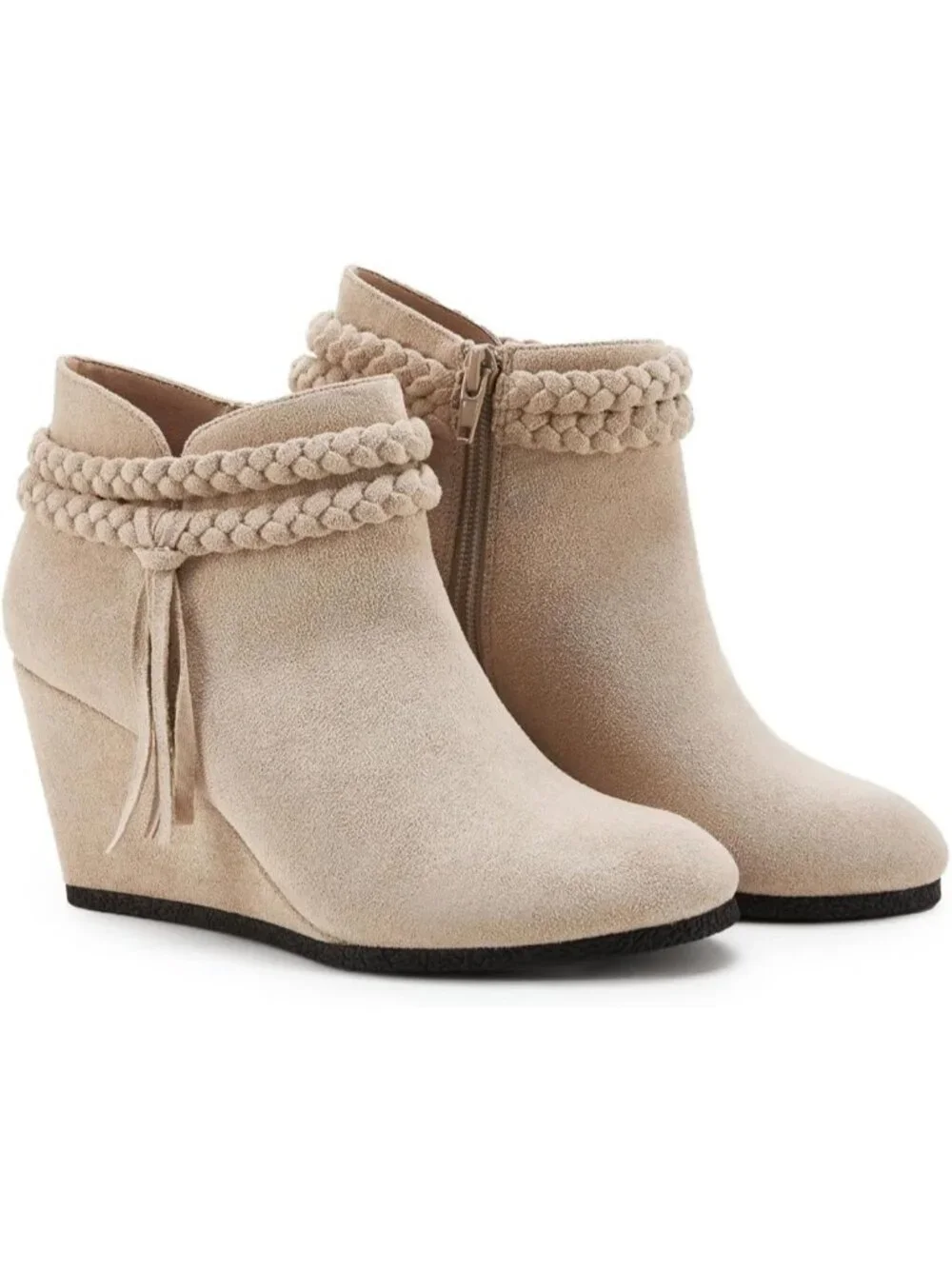 Women's Beige Braided Fringe Strap Western Heeled Fall Booties Dress Shoes